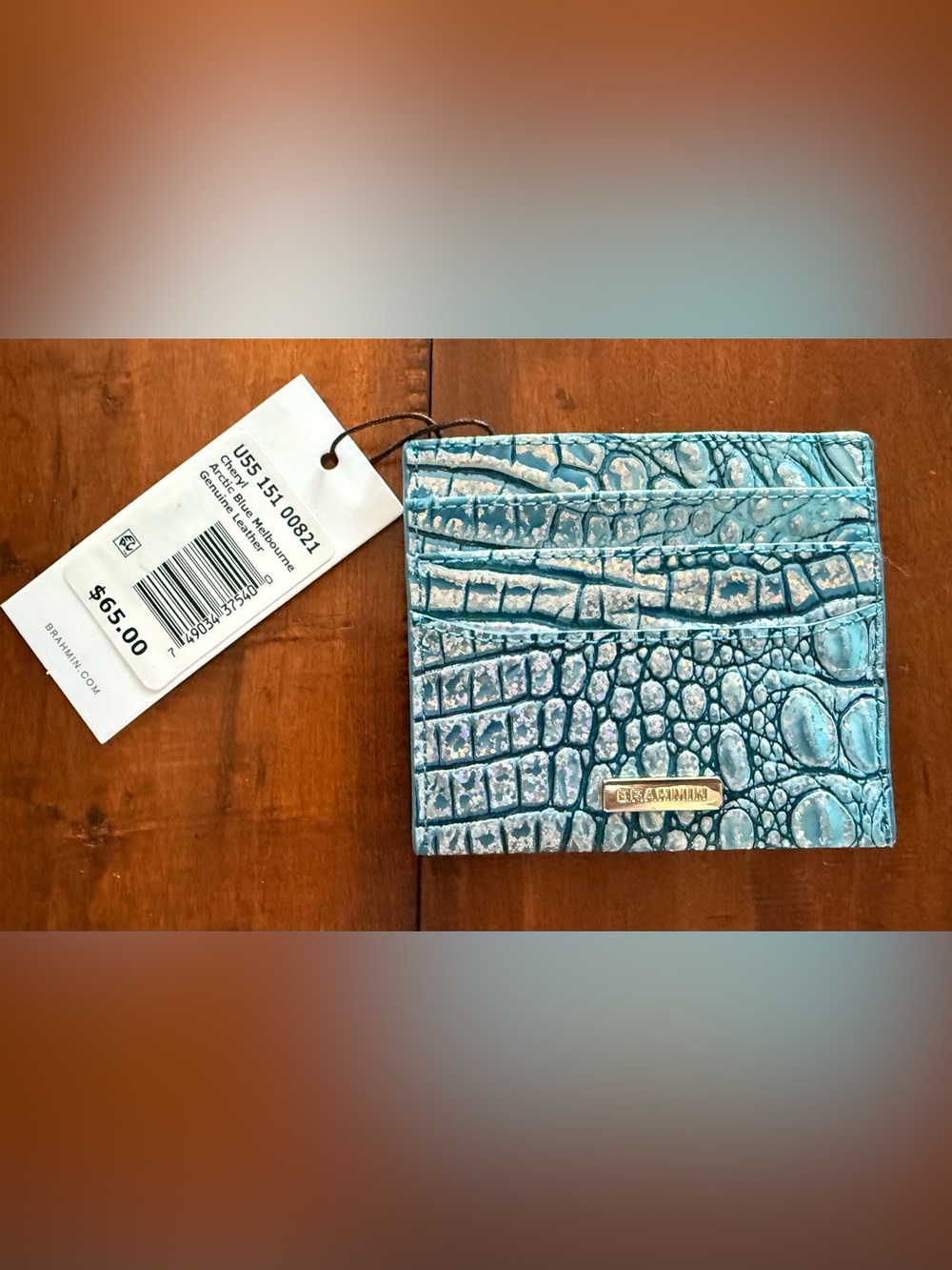 Brahmin Teal Iridescent Croc-Embossed Card Wallet